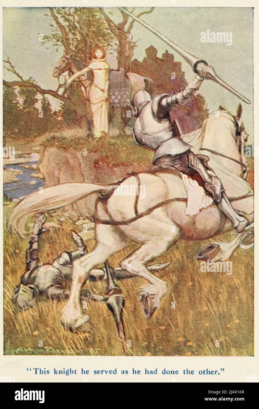 THIS KNIGHT HE SERVED AS HE HAD DONE THE OTHER from the book ' Stories of King Arthur ' by Arthur Lincoln Haydon, Illustrated by Arthur Rackham, Stock Photo