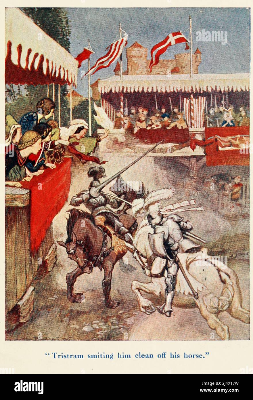 TRISTRAM SMITING HIM CLEAN OFF HIS HORSE from the book ' Stories of King Arthur ' by Arthur Lincoln Haydon, Illustrated by Arthur Rackham, Stock Photo