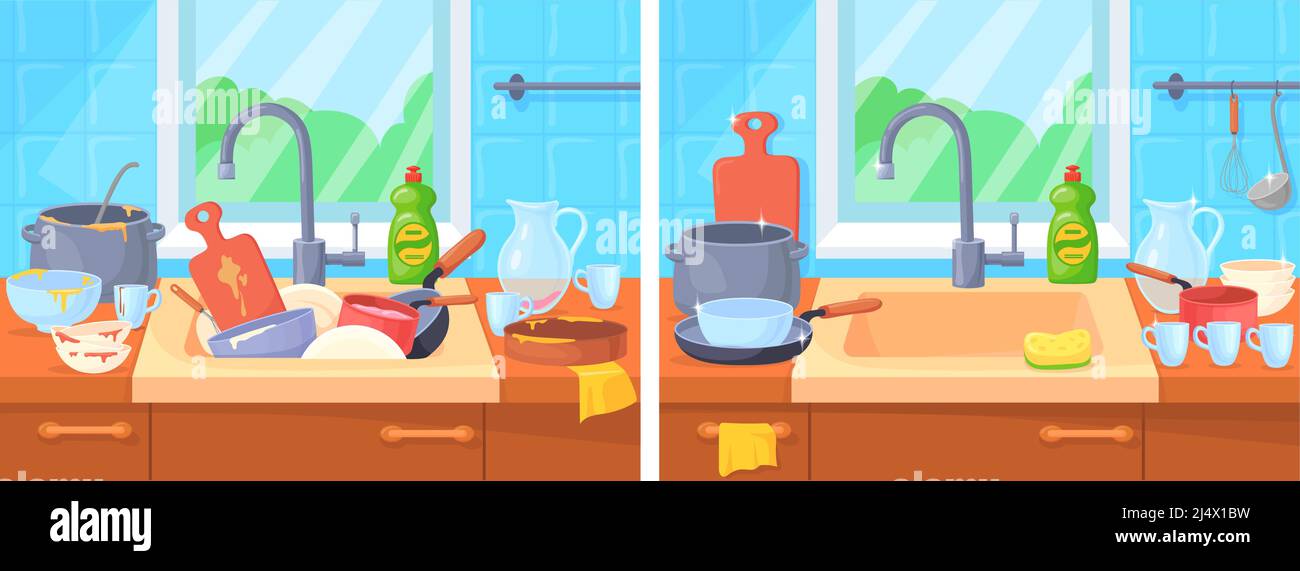 Sink messy dishes. Washing dirty dish after cooking on kitchen tap cleaning  cup and plate from