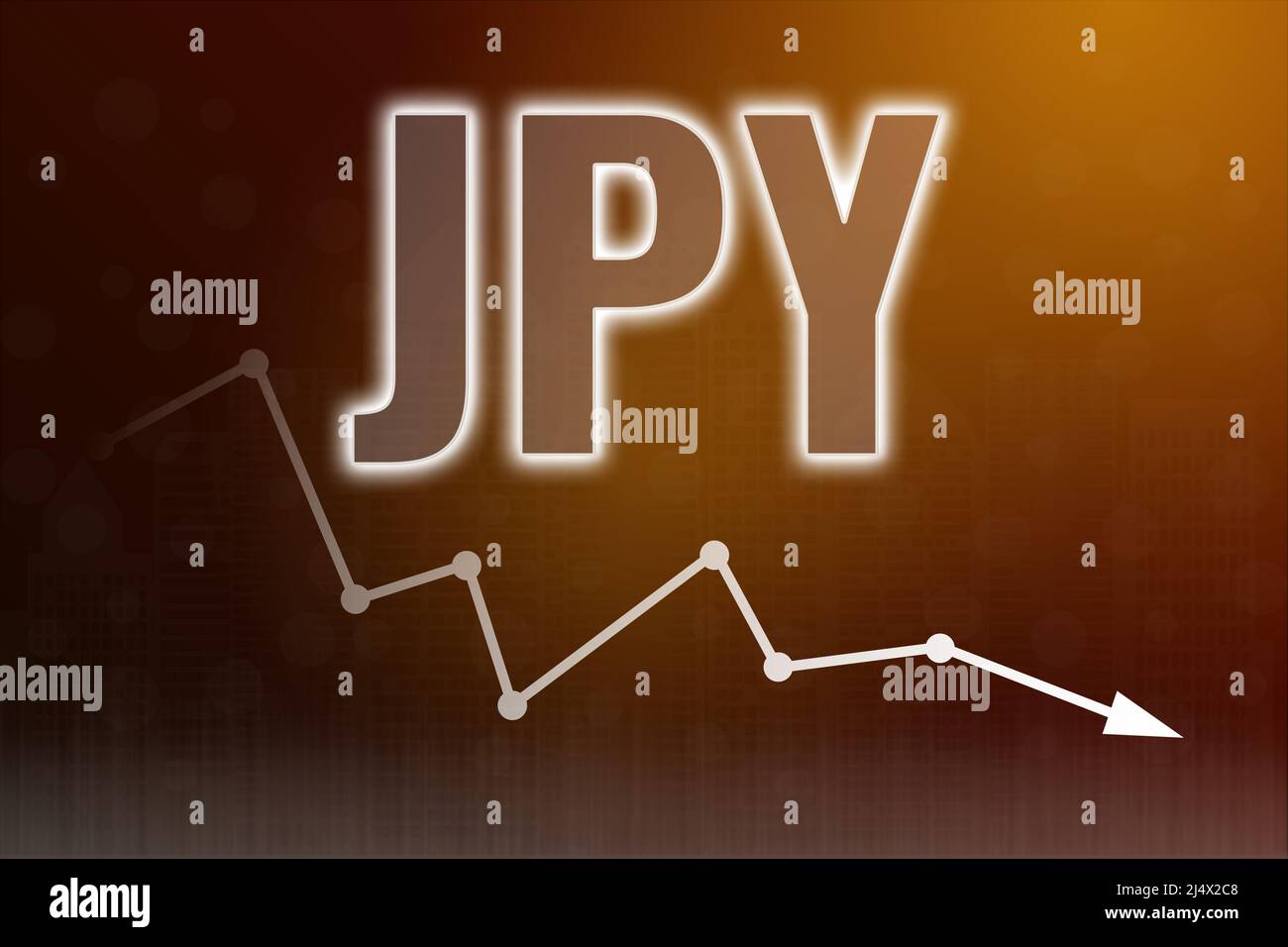 Price change on JPY (Japanese Yen) on brown finance background. Currency market concept Stock Photo