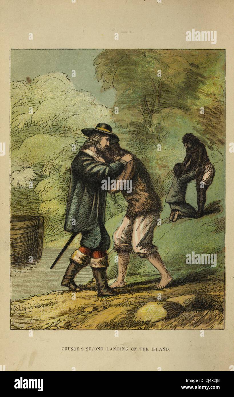 Crusoe's Second Landing on the Island from the book The life and adventures of Robinson Crusoe by Daniel Defoe, Illustrated in colour by EDWARD H. WEHNERT. Publisher Boston (Franklin and Hawley Streets) : D. Lothrop and Company 1884 Stock Photo