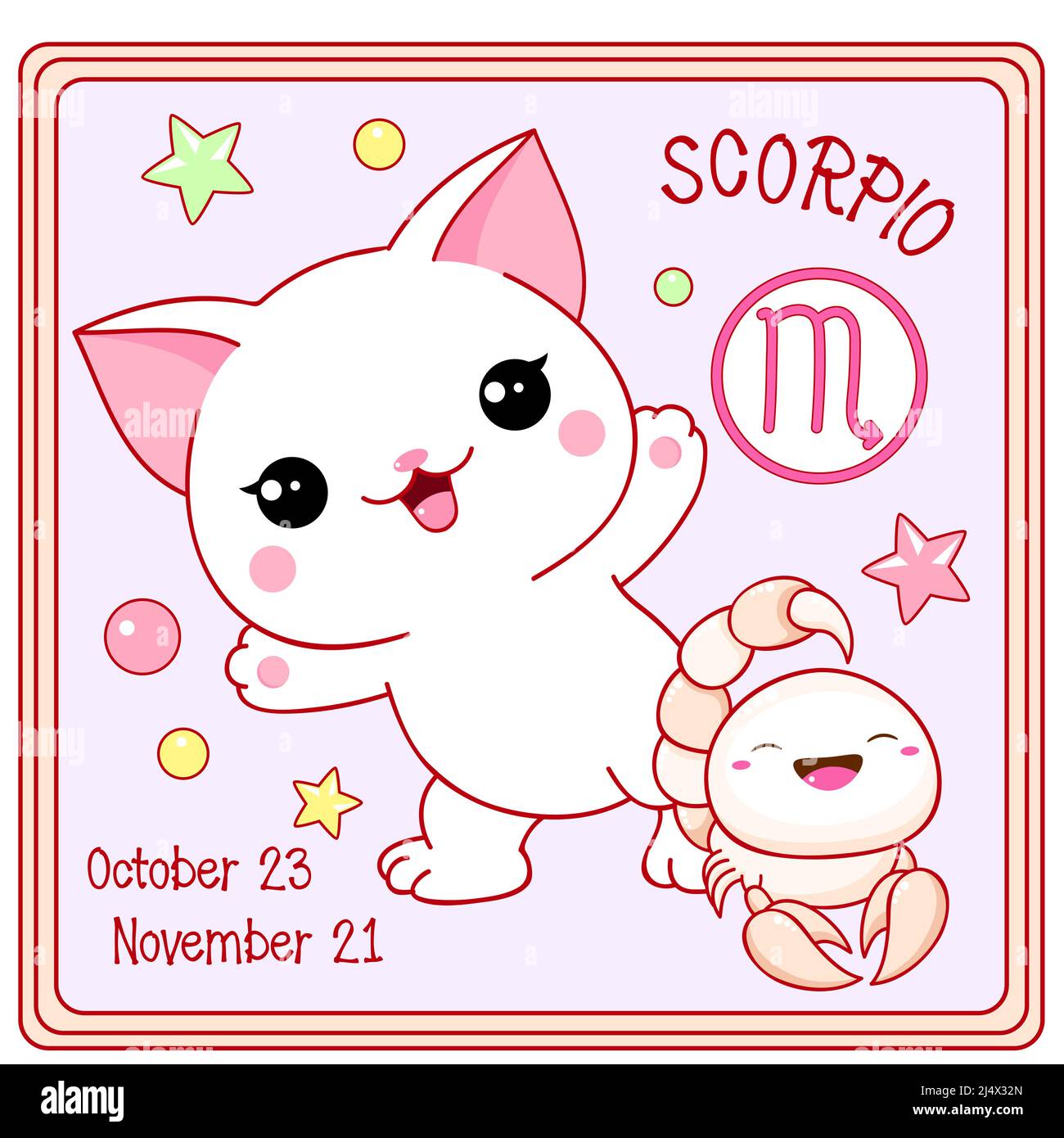 Zodiac Scorpio sign character in kawaii style. Square card with cute