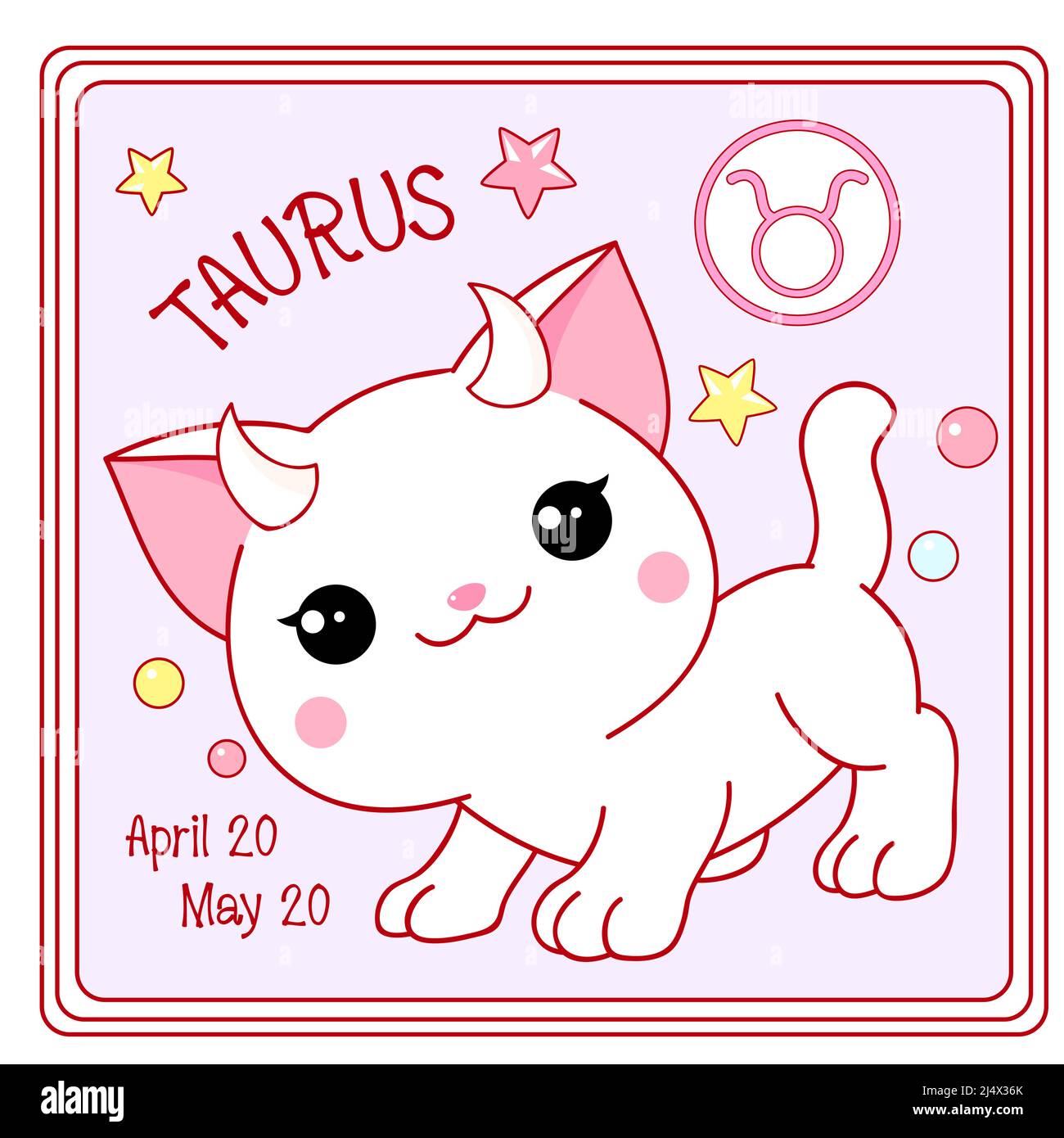 Zodiac Taurus sign character in kawaii style. Square card with cute little  white kitty and Zodiac symbol, date of birth. Cartoon baby cat and Zodiacal  Stock Vector Image & Art - Alamy