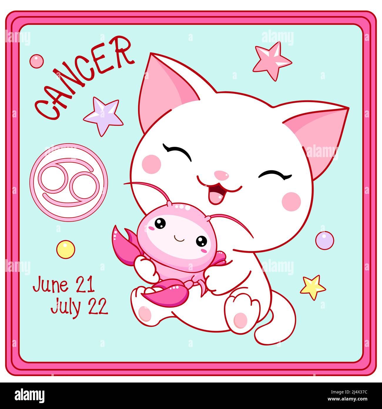 Zodiac Cancer sign character in kawaii style. Square card with cute little white kitty and Zodiac symbol, date of birth. Cartoon baby cat and Zodiacal Stock Vector