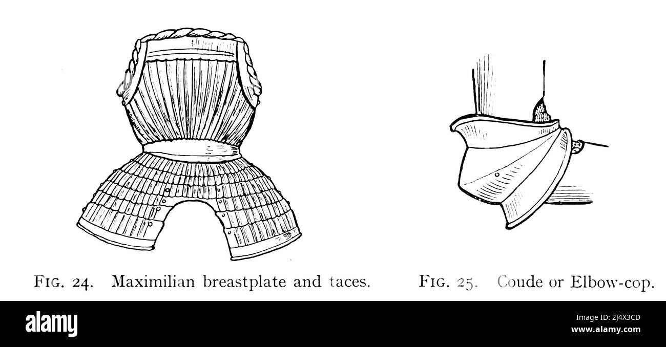 Maximilian breastplate and taces (Left) Coude or Elbow-cop (right)from the book ' Armour & weapons ' by Charles John Ffoulkes,  Publisher Oxford Clarendon press 1909 Stock Photo