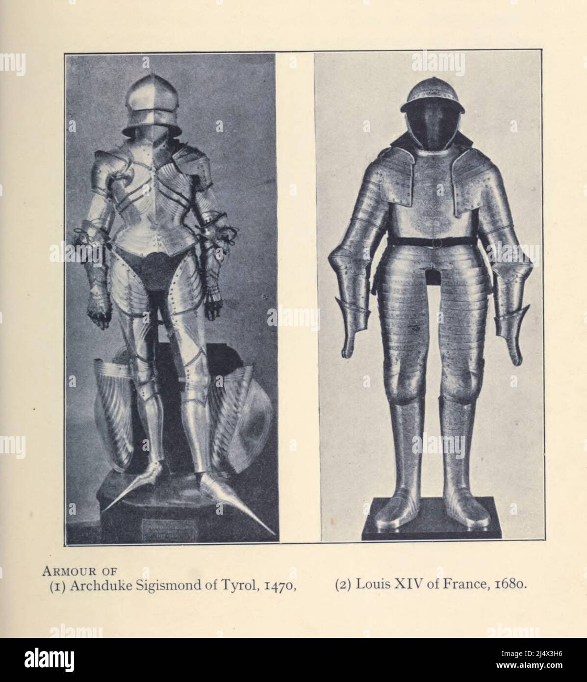 Armour of Archduke Sigismond of Tyrol, 1470 (Left) and Armour of Louis XIV of France, 1680 (Right) from the book ' Armour & weapons ' by Charles John Ffoulkes,  Publisher Oxford Clarendon press 1909 Stock Photo