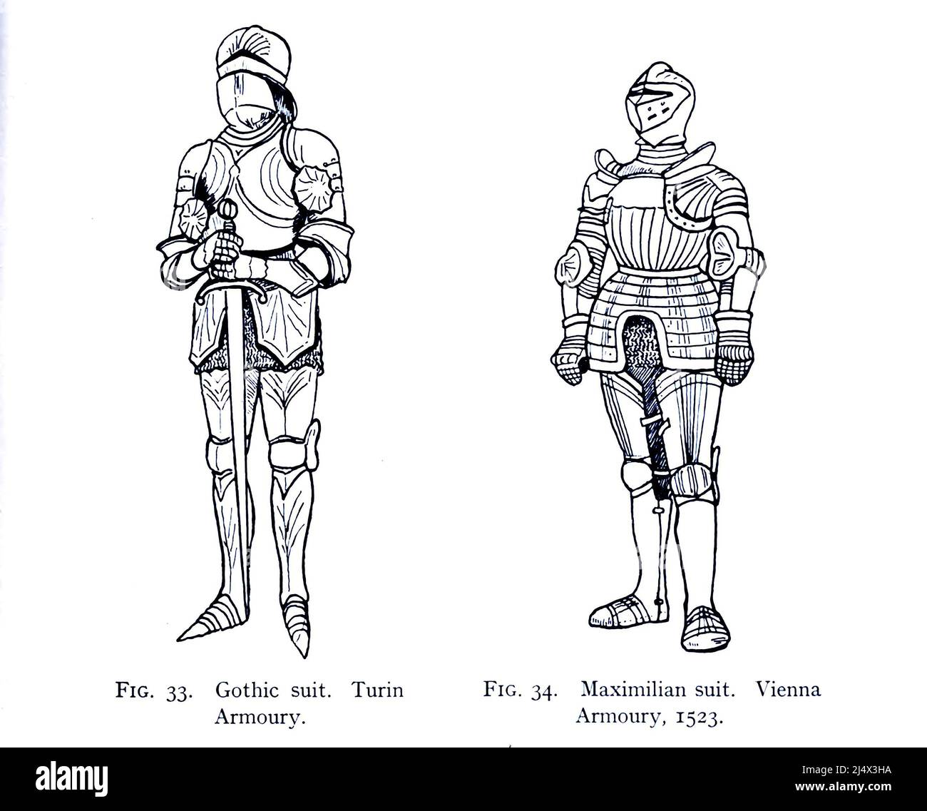 Gothic suit. Turin Armoury. (Left) Maximilian suit. Vienna Armoury, 1523 (Right) from the book ' Armour & weapons ' by Charles John Ffoulkes,  Publisher Oxford Clarendon press 1909 Stock Photo