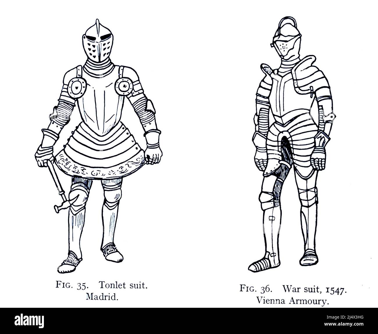 Tonlet suit. Madrid. (Left) War suit, 1547. Vienna Armoury (Right) from the book ' Armour & weapons ' by Charles John Ffoulkes,  Publisher Oxford Clarendon press 1909 Stock Photo