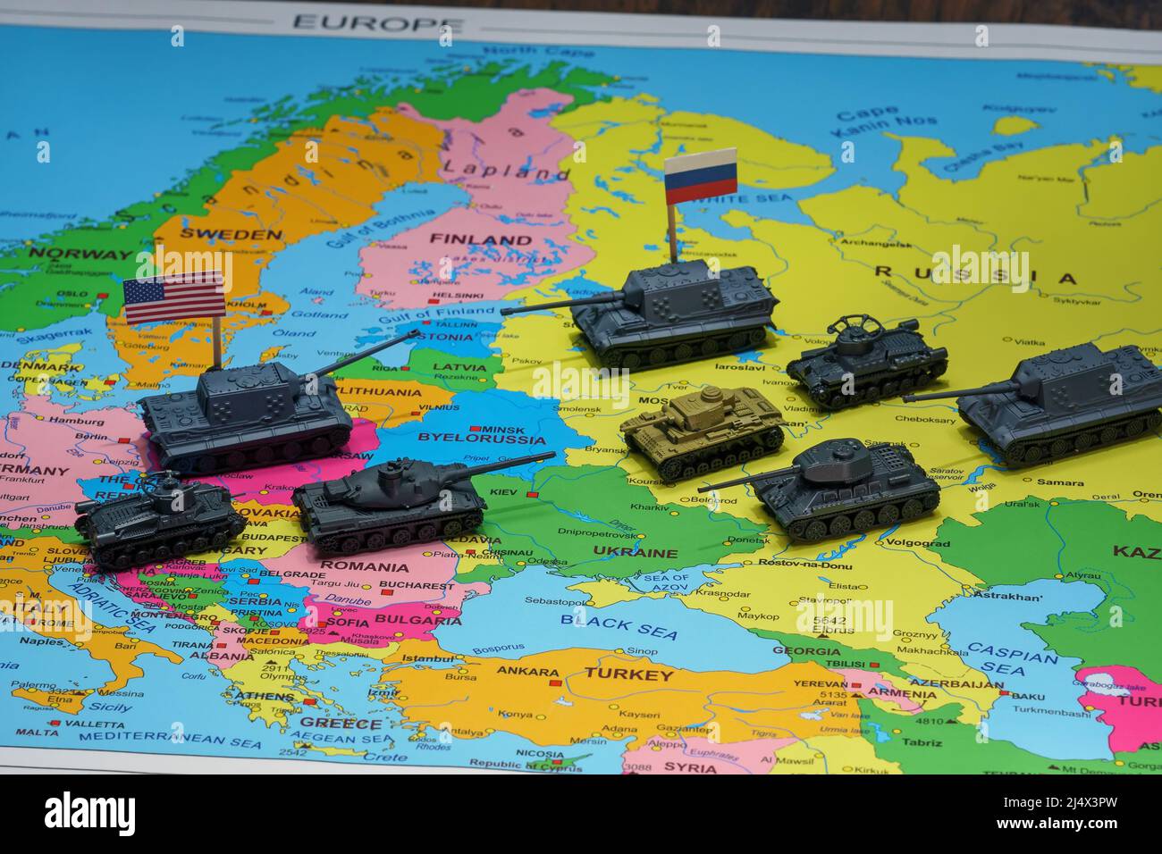 Concept of confrontation between USA and Russia in Europe. Stock Photo