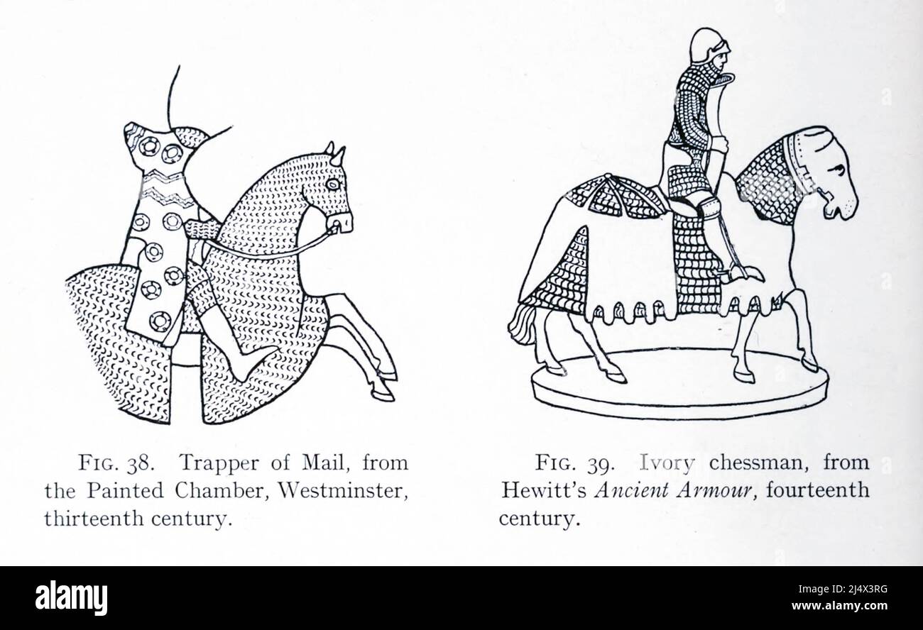 Mounted knights Trapper of Mail, from the Painted Chamber, Westminster, thirteenth century. (Left) Ivory chessman, from Hewitt's Ancient Armour, fourteenth century (Right)from the book ' Armour & weapons ' by Charles John Ffoulkes,  Publisher Oxford Clarendon press 1909 Stock Photo
