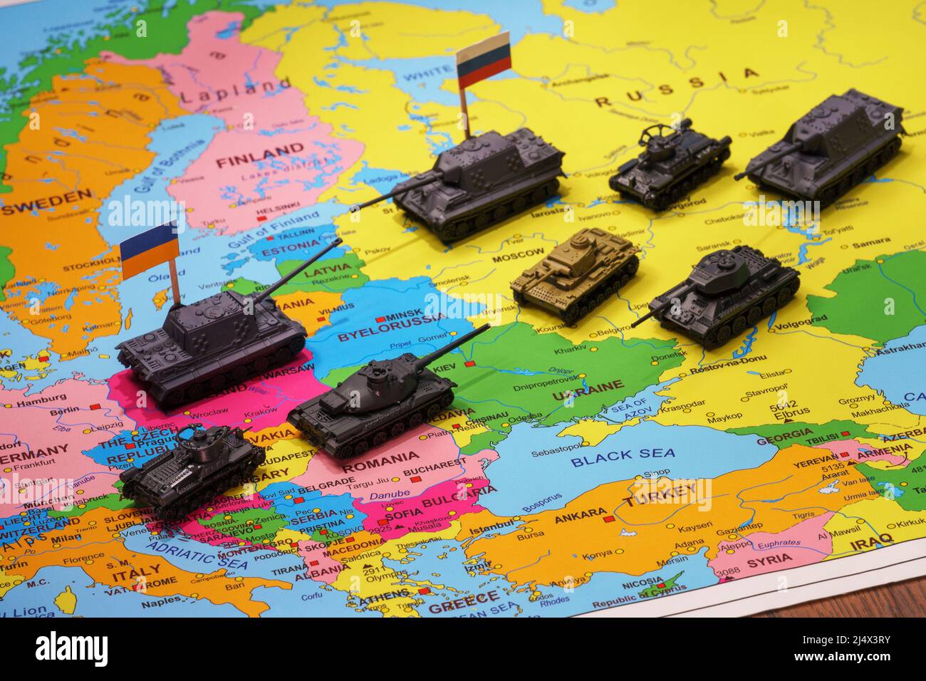 Armed conflict between Russia and Ukraine on the map of Europe. Stock Photo