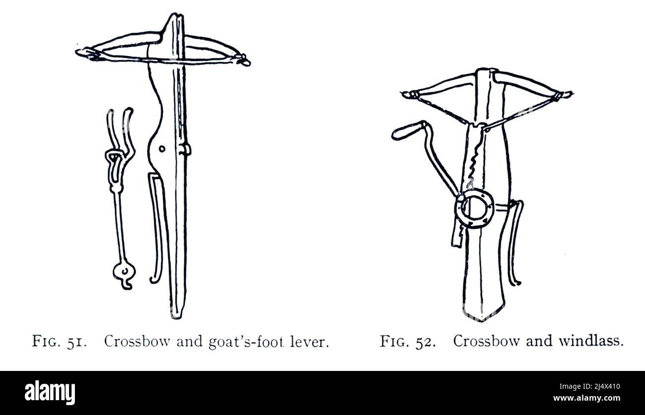 Crossbow and goat's foot lever (Left) Crossbow and windlass (Right) from the book ' Armour & weapons ' by Charles John Ffoulkes,  Publisher Oxford Clarendon press 1909 Stock Photo