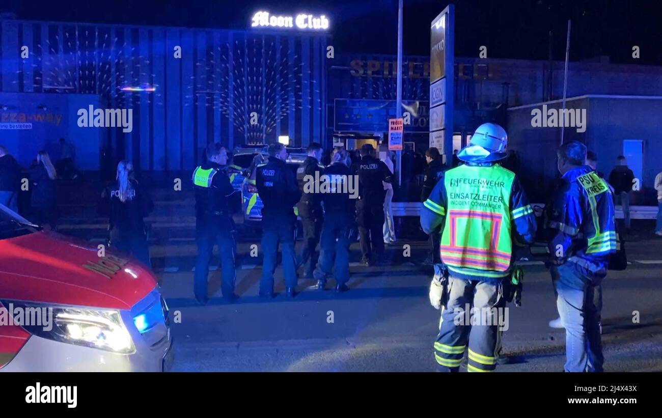 Soest, Germany. 18th Apr, 2022. Police and firefighters stand outside a  club in Soest. An incident had occurred during a performance by the rapper  Bonez MC, apparently pepper spray was sprayed on