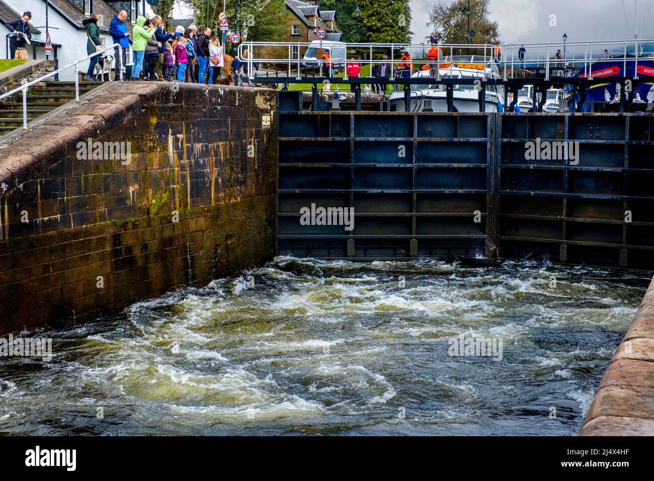 Water level changing in the locks at the Caledonian Canal, Fort Augustus, Scotland Stock Photo