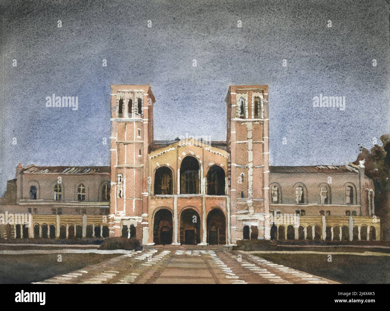 Royce Hall on the UCLA campus.  Watercolor painting Royce Hall UCLA artwork Bruins Los Angeles Stock Photo