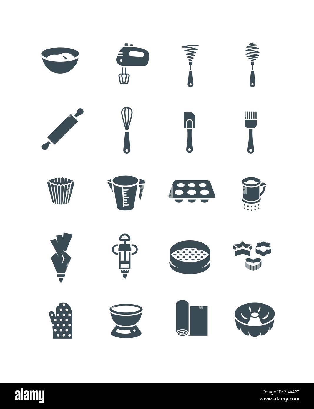 Baking tools icons. Flat vector simple pictograms. Kitchen bakery equipment for pastry cooking. Bakeware such as rolling pin, whisks, cake and bundt p Stock Vector