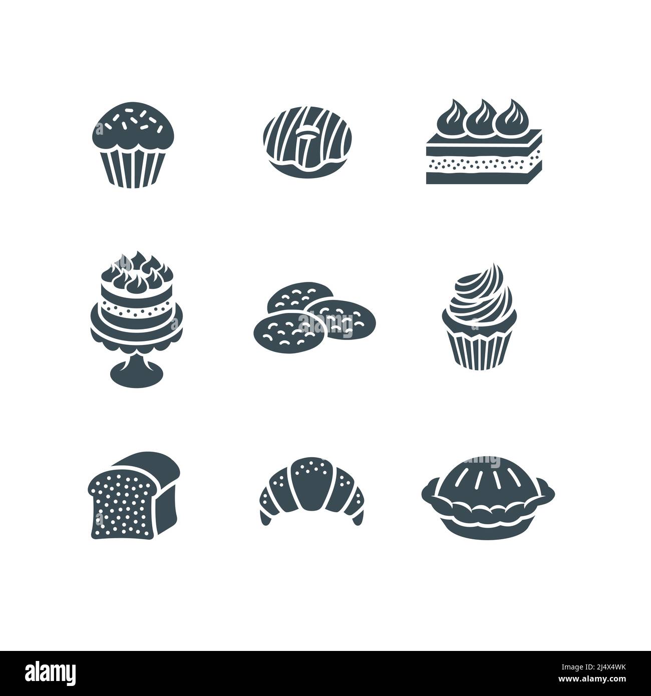 Sweet dessert food icons. Different pastry items pictograms. Simple monochrome silhouette of cupcake, donut, cake, cookie, croissant, bread, pie, muff Stock Vector
