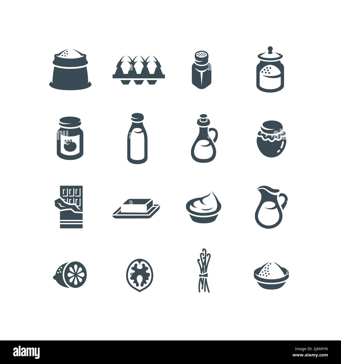 Baking ingredients pictograms. Products for preparing homemade pastry. Simple flat monochrome icons of flour, salt, sugar, milk, butter, oil, eggs, ja Stock Vector