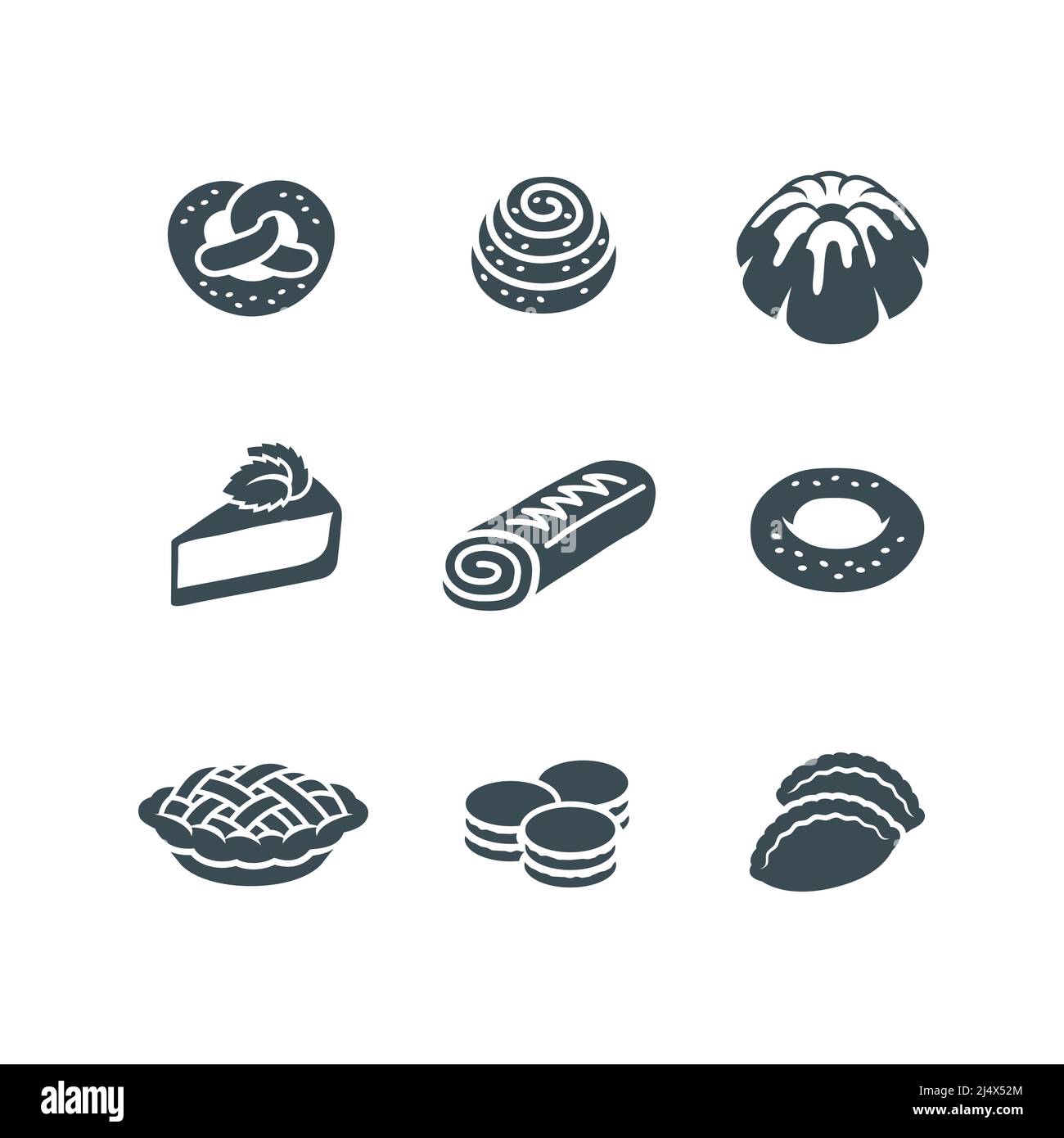 Sweet dessert food icons. Different pastry items pictograms. Simple monochrome silhouette of apple pie, bundt cake, cinnamon bun, pretzel, cheesecake, Stock Vector