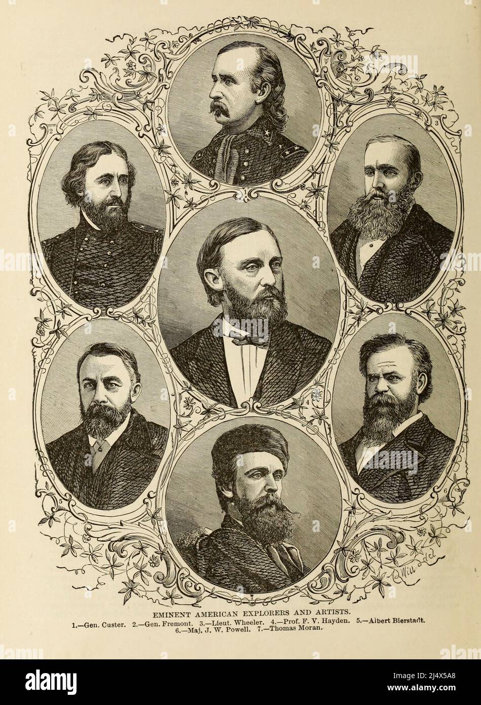 EMINENT AMERICAN EXPLORERS AND ARTISTS. 1. Gen Custer. 2. Gen. Fremont. 3. Lleut. Wheeler. 4. Prof. F. V. Hayden. 5. Albert Bierstardt. 6. Major J. W. Powell. 7.-Thomas Moran from the book The Pacific tourist : Adams & Bishop's illustrated trans-continental guide of travel, from the Atlantic to the Pacific Ocean : containing full descriptions of railroad routes across the continent, all pleasure resorts and places of most noted scenery in the Far West, also of all cities, towns, villages, U.S. forts, springs, lakes, mountains, routes of summer travel, best localities for hunting, fishing, spor Stock Photo