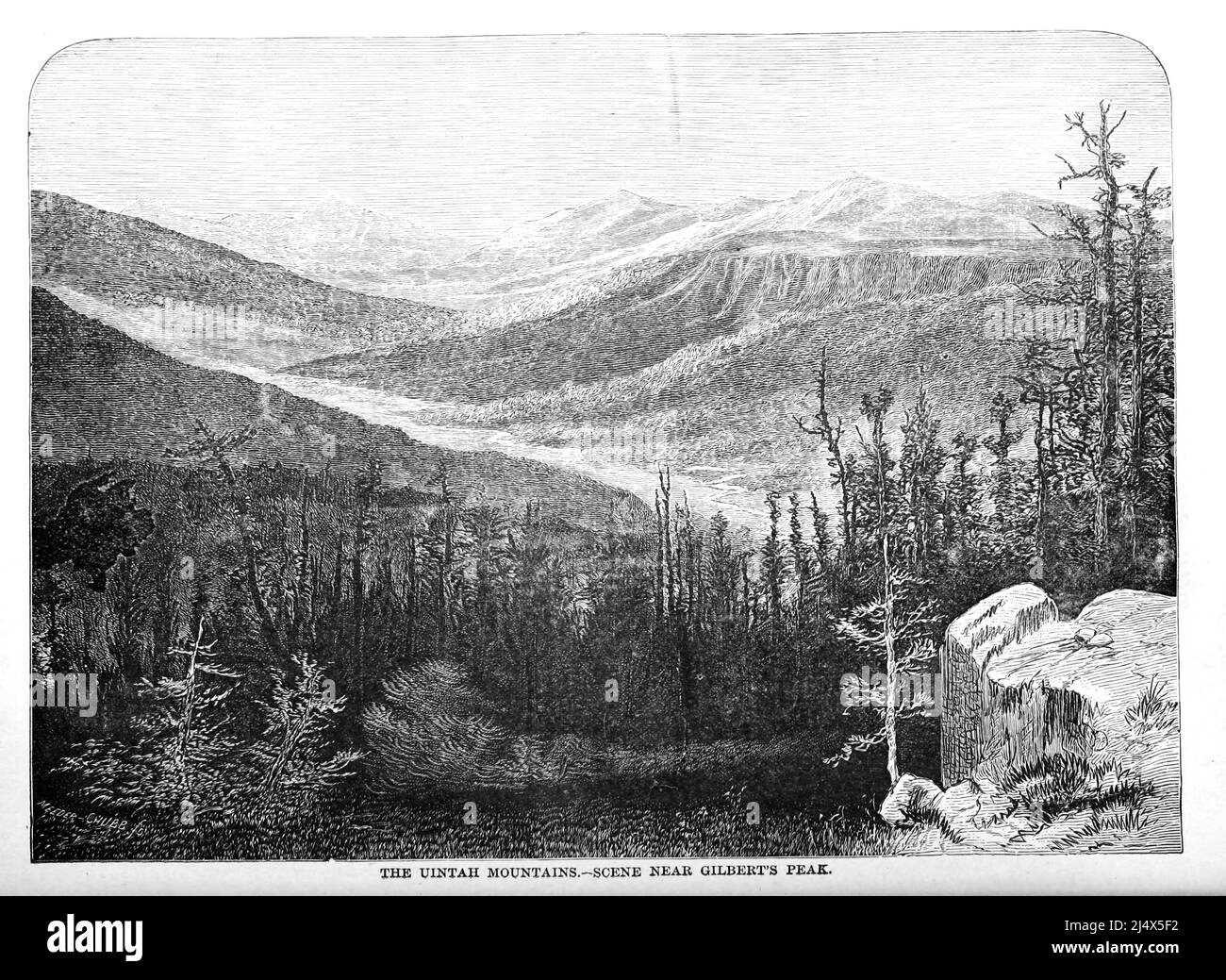 The Uintah Mountains, Scene Near Gilbert's Peak from the book The Pacific tourist : Adams & Bishop's illustrated trans-continental guide of travel, from the Atlantic to the Pacific Ocean : containing full descriptions of railroad routes across the continent, all pleasure resorts and places of most noted scenery in the Far West, also of all cities, towns, villages, U.S. forts, springs, lakes, mountains, routes of summer travel, best localities for hunting, fishing, sporting, and enjoyment, with all needful information for the pleasure traveler, miner, settler, or business man : a complete trave Stock Photo