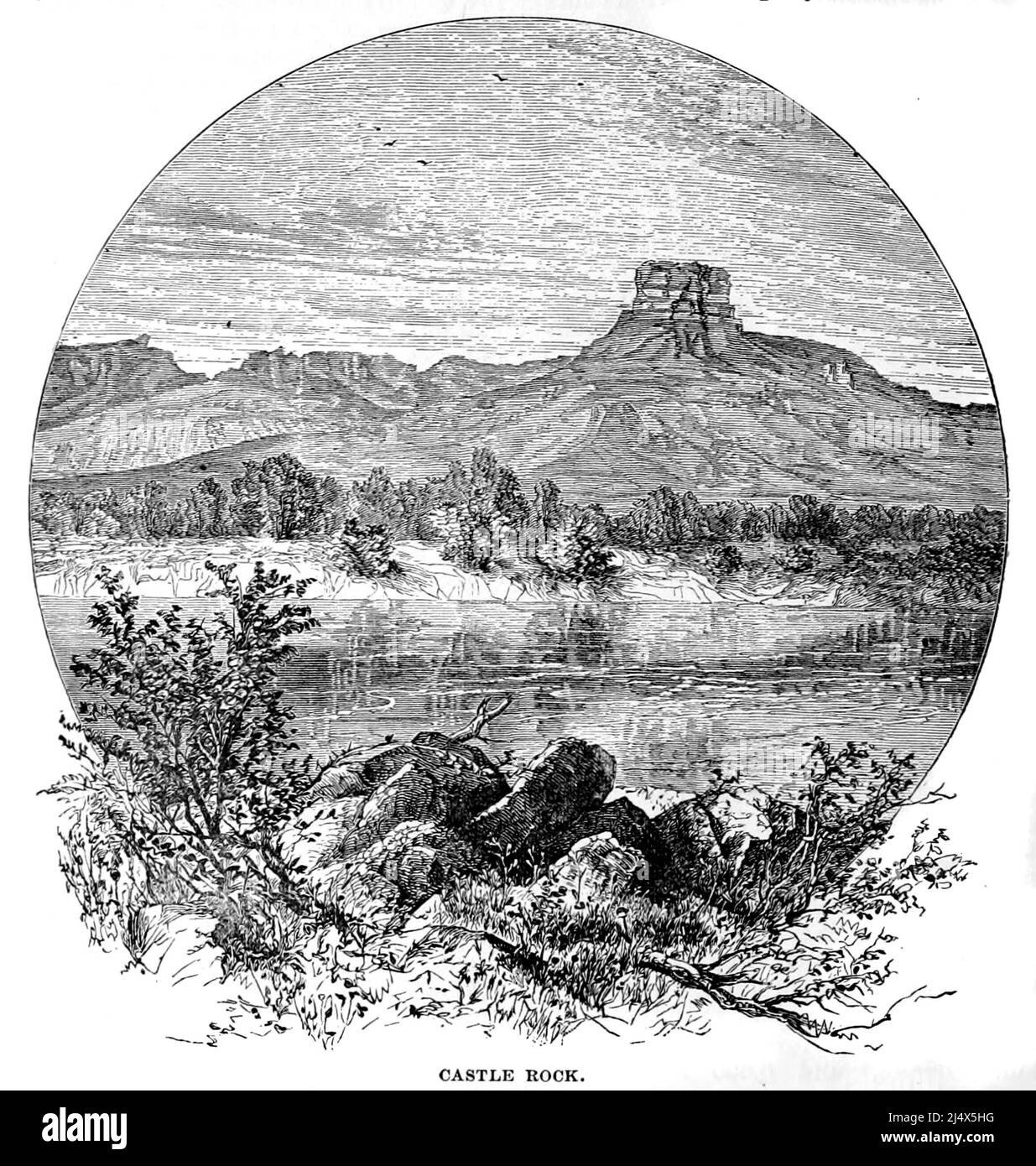 Castle Rock from the book The Pacific tourist : Adams & Bishop's illustrated trans-continental guide of travel, from the Atlantic to the Pacific Ocean : containing full descriptions of railroad routes across the continent, all pleasure resorts and places of most noted scenery in the Far West, also of all cities, towns, villages, U.S. forts, springs, lakes, mountains, routes of summer travel, best localities for hunting, fishing, sporting, and enjoyment, with all needful information for the pleasure traveler, miner, settler, or business man : a complete traveler's guide of the Union and Central Stock Photo
