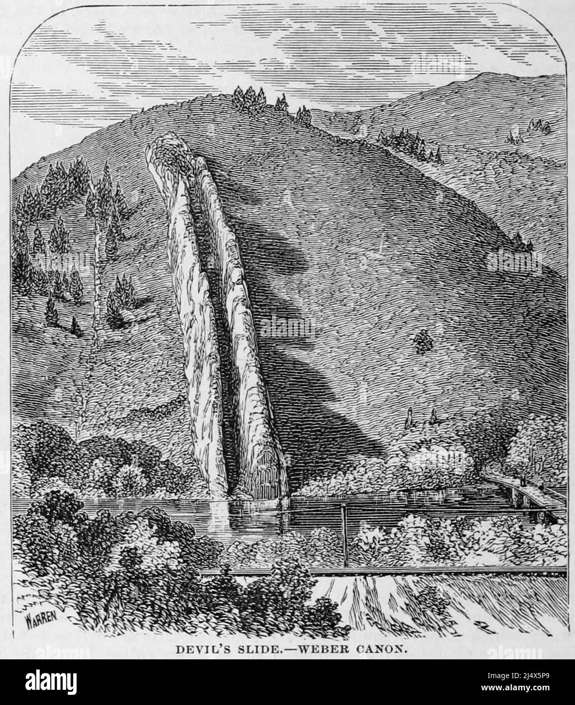 Devil's Slide. Weber Canyon from the book The Pacific tourist : Adams & Bishop's illustrated trans-continental guide of travel, from the Atlantic to the Pacific Ocean : containing full descriptions of railroad routes across the continent, all pleasure resorts and places of most noted scenery in the Far West, also of all cities, towns, villages, U.S. forts, springs, lakes, mountains, routes of summer travel, best localities for hunting, fishing, sporting, and enjoyment, with all needful information for the pleasure traveler, miner, settler, or business man : a complete traveler's guide of the U Stock Photo