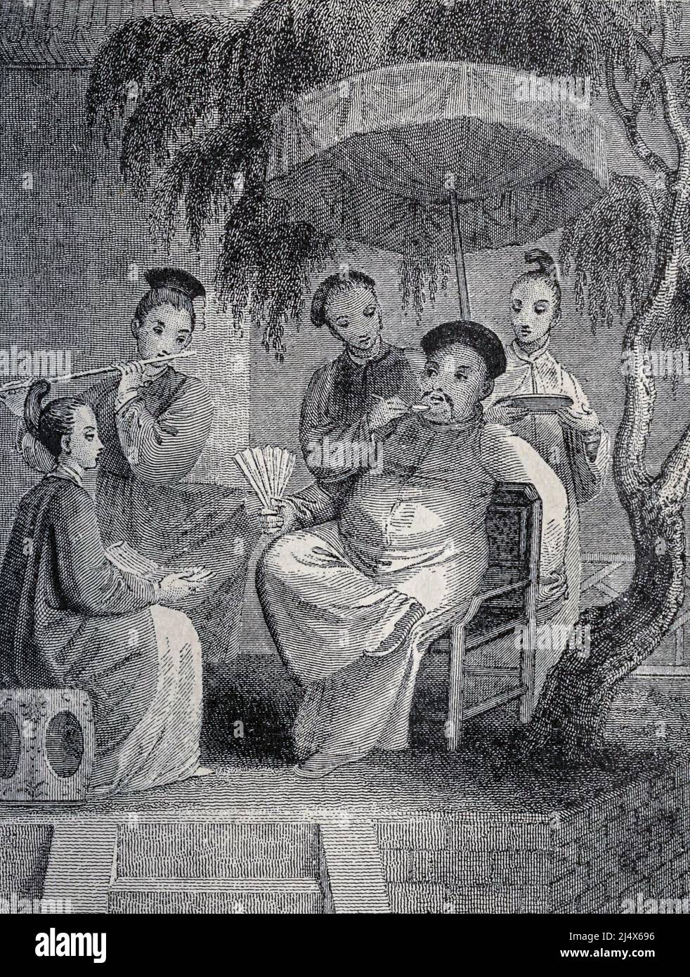 Chinese Gentleman at his Repast from the book The life and adventures of Robinson Crusoe by Daniel Defoe, Illustrated by THOMAS  STOTHARD Publisher Boston (Franklin and Hawley Streets) : D. Lothrop and Company 1884 Stock Photo