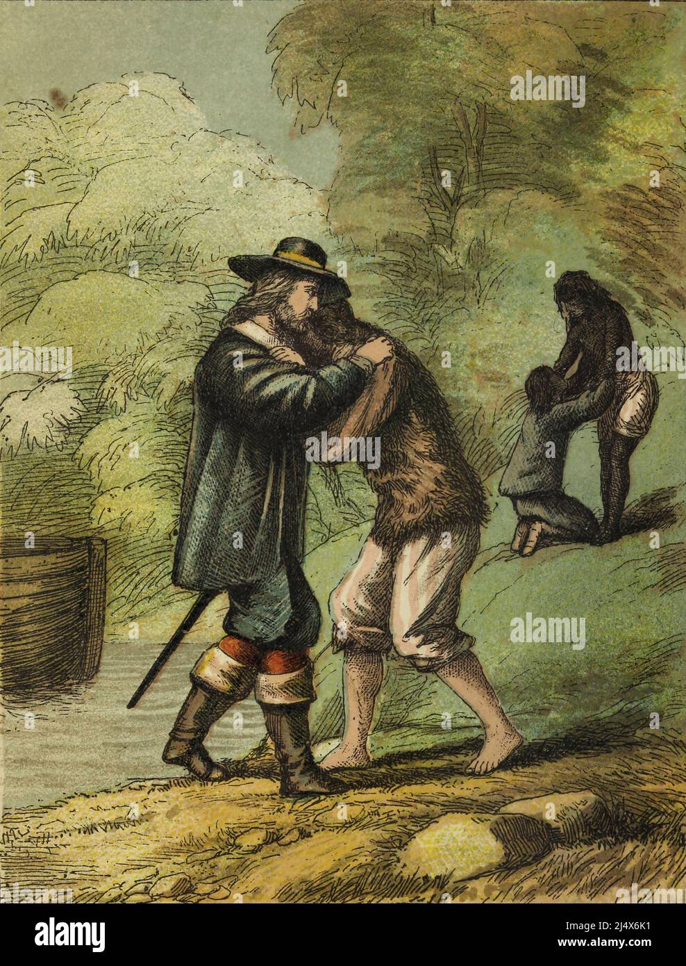 Crusoe's Second Landing on the Island from the book The life and adventures of Robinson Crusoe by Daniel Defoe, Illustrated in colour by EDWARD H. WEHNERT. Publisher Boston (Franklin and Hawley Streets) : D. Lothrop and Company 1884 Stock Photo
