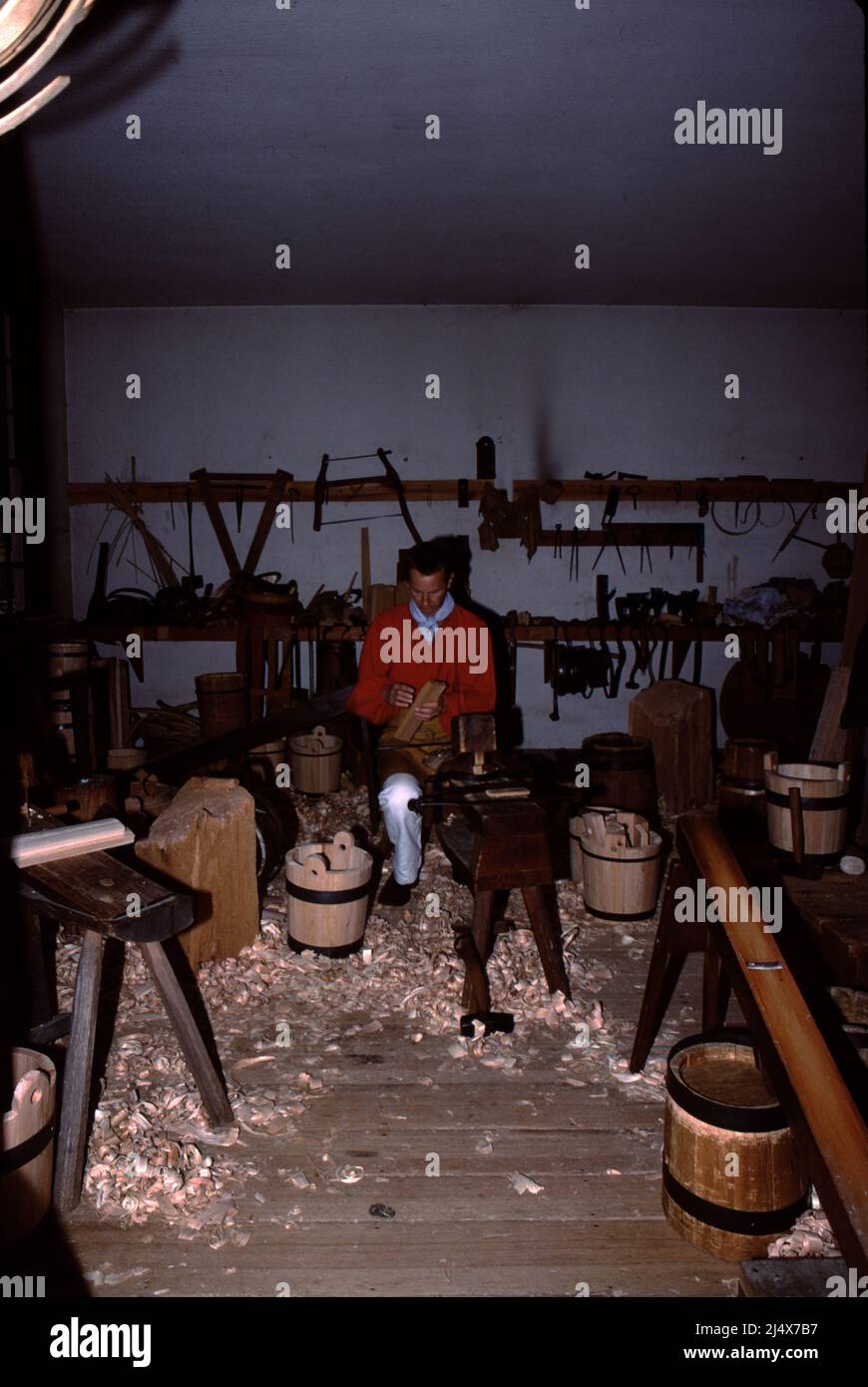 Williamsburg, VA. U.S.A. 9/1987. Colonial Williamsburg cooper. Wood ...