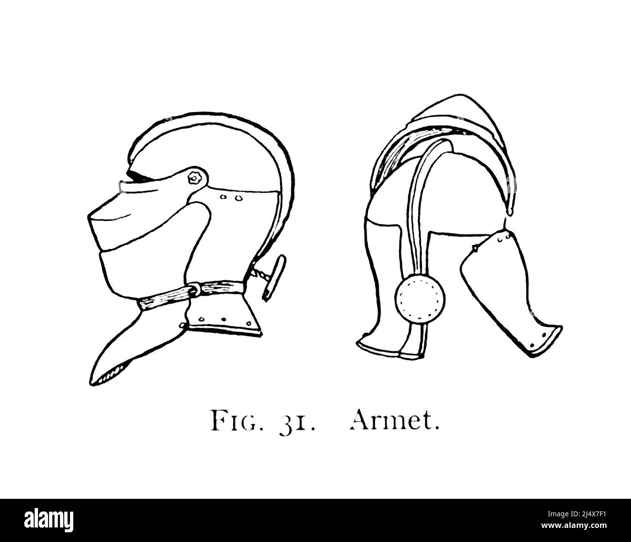 Armet A  medieval helmet with a visor and a neck guard from the book ' Armour & weapons ' by Charles John Ffoulkes,  Publisher Oxford Clarendon press 1909 Stock Photo