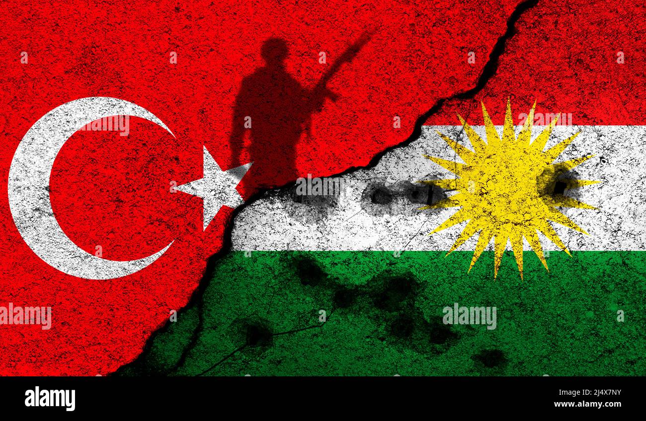 TurkishKurdish conflict, war concept. Flags background, cracked and