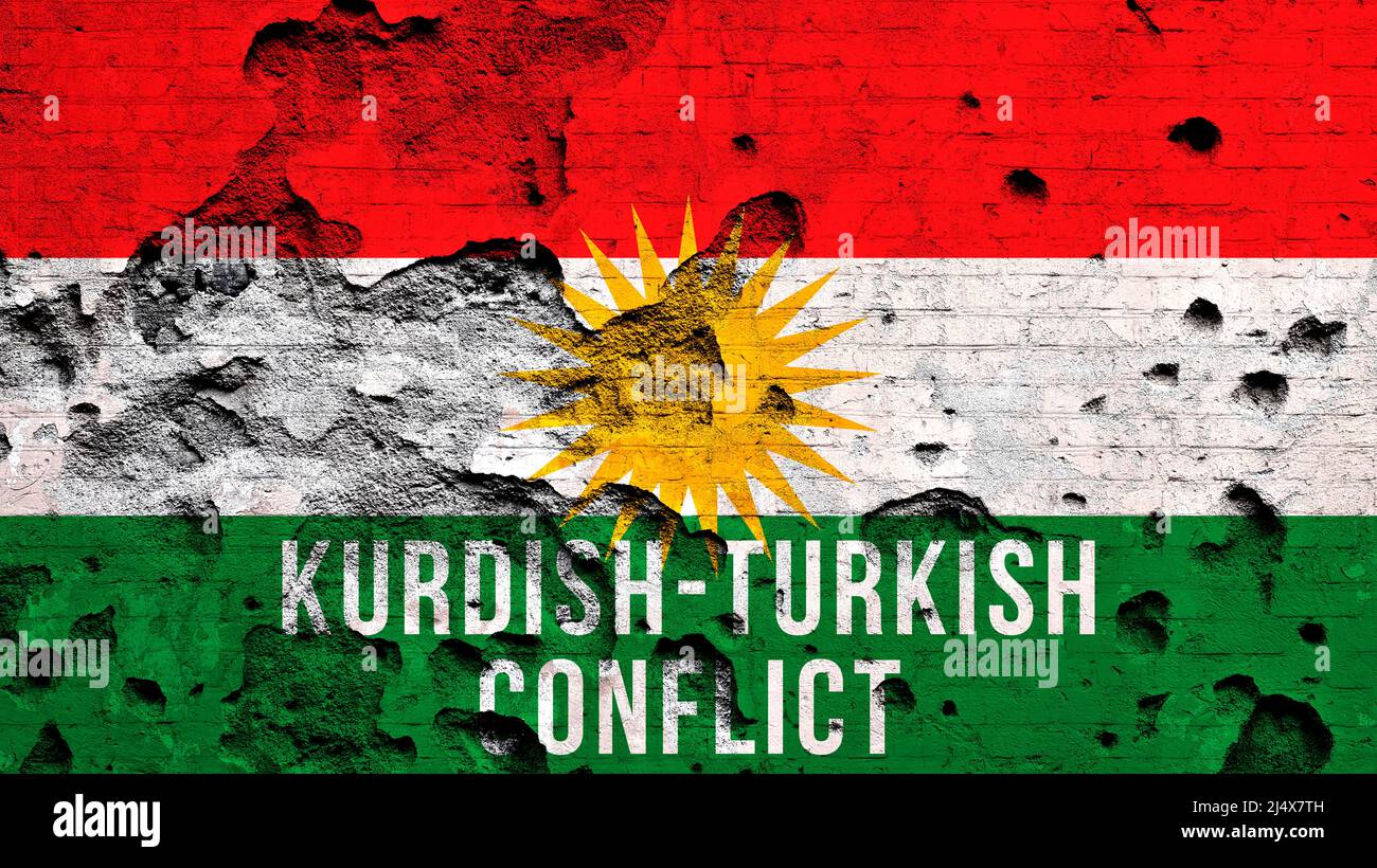 KurdishTurkish conflict background with flag of Kurdistan and text