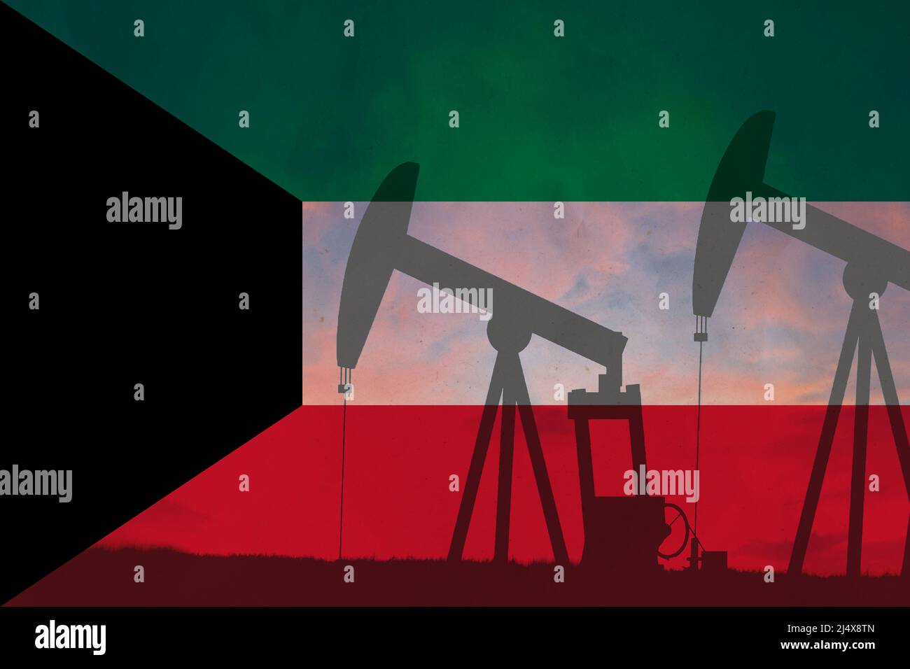 Kuwait oil industry concept, industrial illustration. Kuwait flag and oil wells, stock market