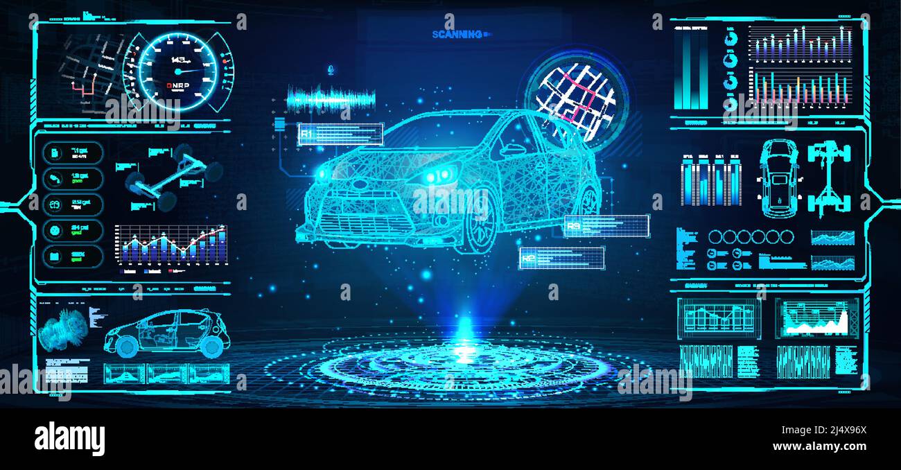 Diagnostic Auto in HUD style. Scan and Maintenance Automobile in 3D visualisation hologram Stock Vector