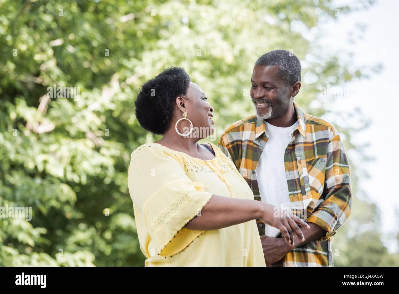 happy senior african american couple looking at each other in green ...