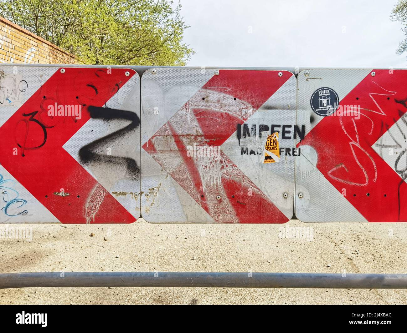 Munich, Bavaria, Germany. 18th Apr, 2022. A series of recently spray painted Z-Symbols as seen near the wall of the Nymphenberg Castle in Munich, Germany. At least one was painted near ''Impfen Macht Frei'' Graffiti left by anti-vaxxer conspiracy theorists who are often Putinists. Bavaria has made the display of the symbol a potential crime based on the endorsement of crimes perpetrated by a state including human rights violations with other states either following suit or verifying. The symbol, believed to mean za pobedu (for victory) is one of an assortment of symbols, such as the V or O, Stock Photo