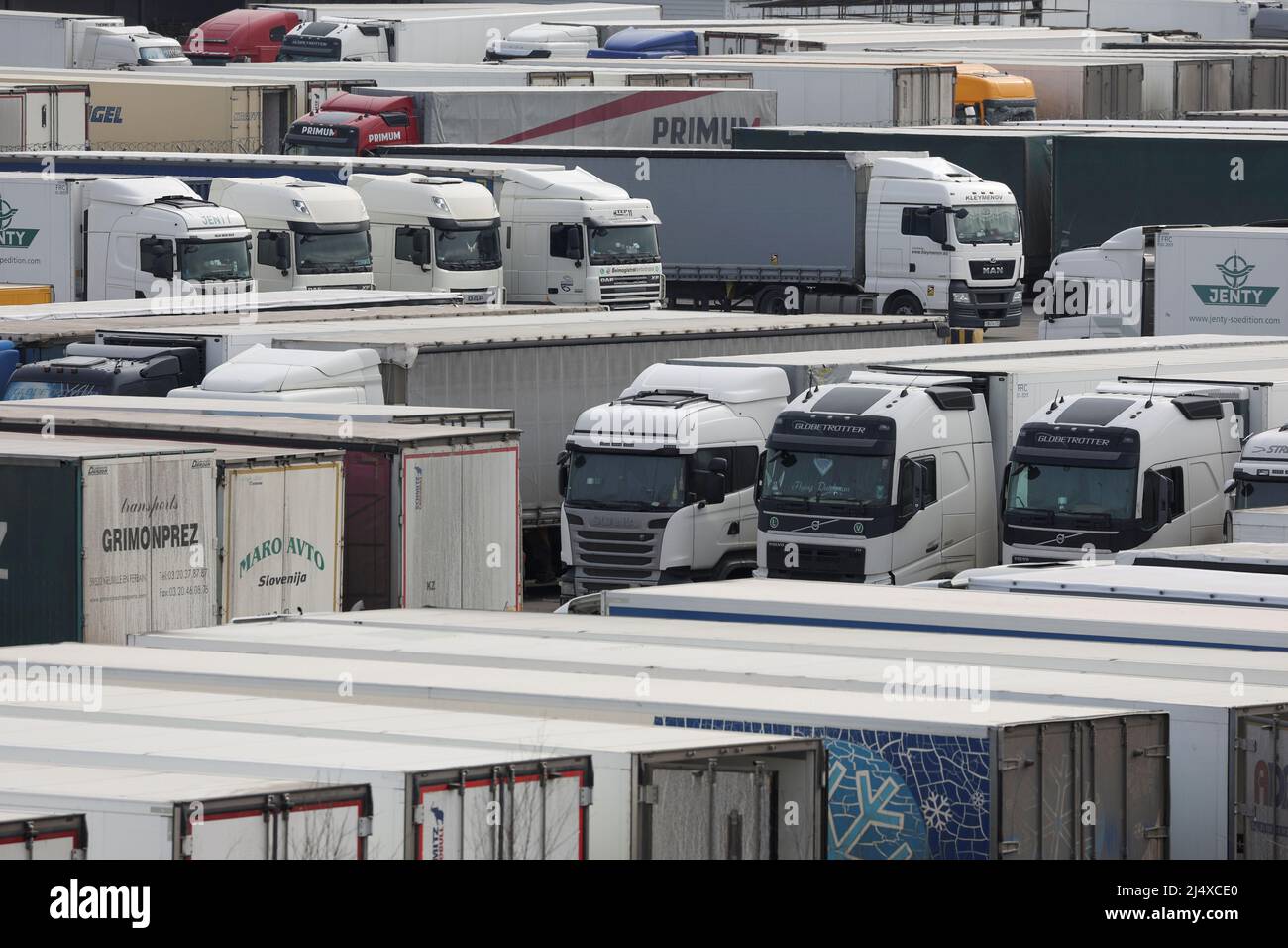 A view shows trucks and cargo vehicles at a parking area near a freight terminal in Saint Petersburg, Russia April 18, 2022. REUTERS/REUTERS PHOTOGRAPHER Stock Photo