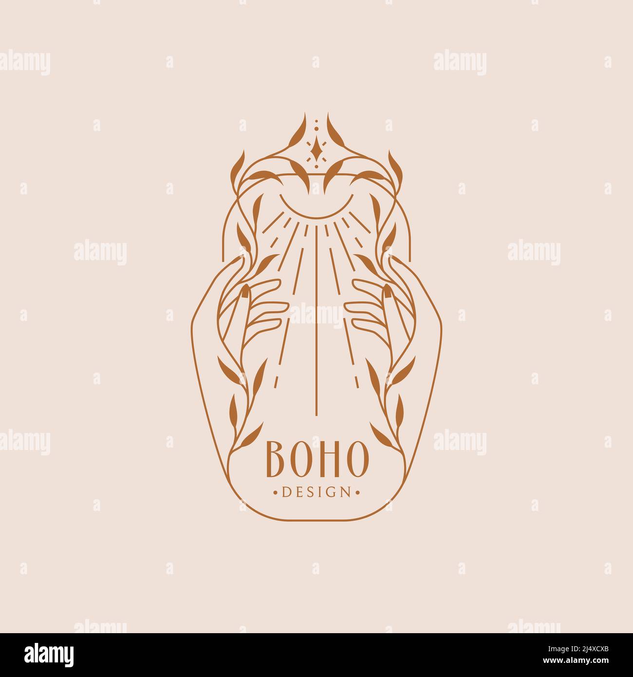 Boho logo with female hands, plant and sun. Vector emblem for botanical healing, natural cosmetic, medicinal herbs, eco products, esoteric, etc. Stock Vector