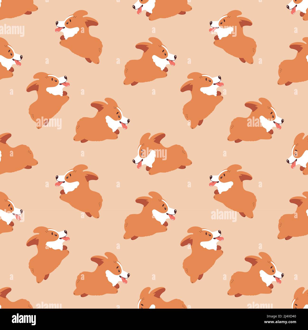 Corgi seamless pattern. Cute and happy running welsh corgi puppies. Funny dog character. Stylish vector background. Stock Vector
