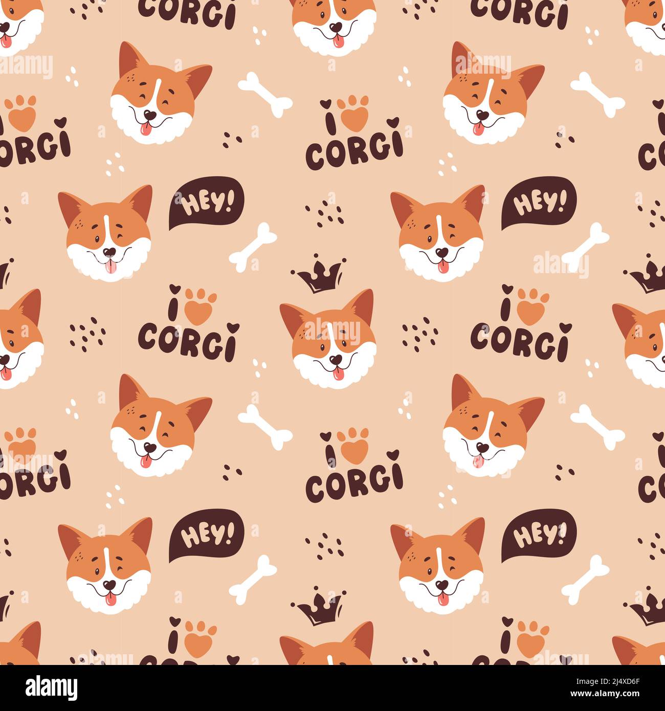 Corgi seamless pattern. Cute smiling welsh corgi faces and hand drawing letterings. Happy dog characters. Trendy vector background. Stock Vector