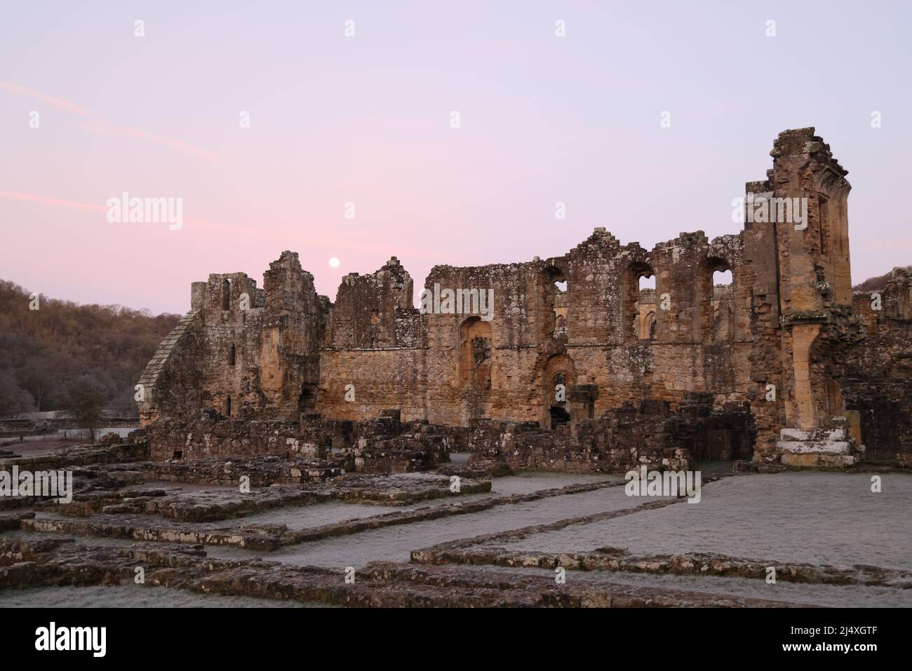 Infirmary cloister wall: cloister behind, & ruins foreground of Infirmary Hall & Abott's House. Ruined Rievaulx Cistercian Abbey. Dawn after moonrise. Stock Photo