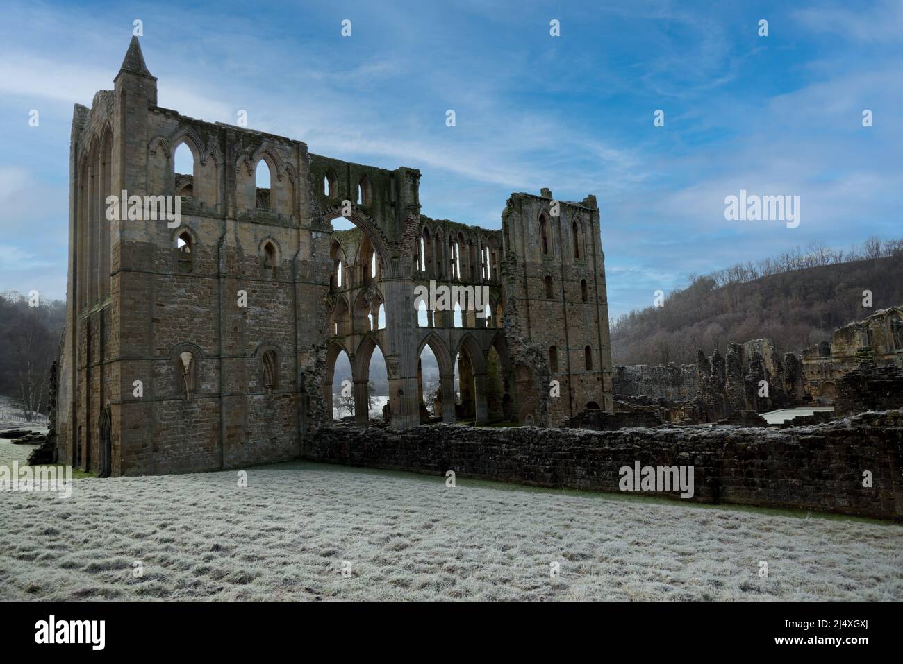 Presbytery, north & south transepts & between them the monks crossing  of ruined Rievaulx Cistercian Abbey Stock Photo