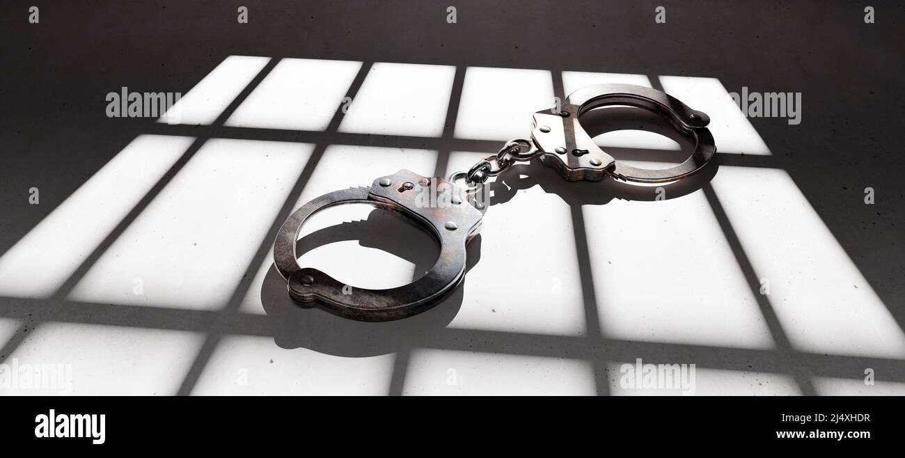 Prison, conviction and incarceration concept. Jail bar and handcuff on the dungeon floor, dark background. 3d render Stock Photo