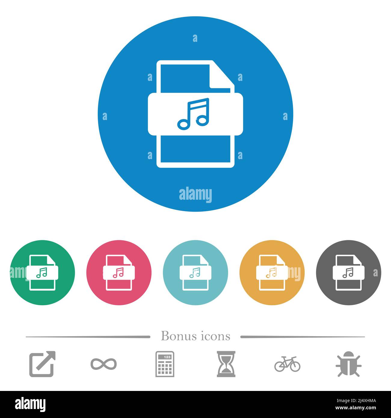 Music file type flat white icons on round color backgrounds. 6 bonus ...