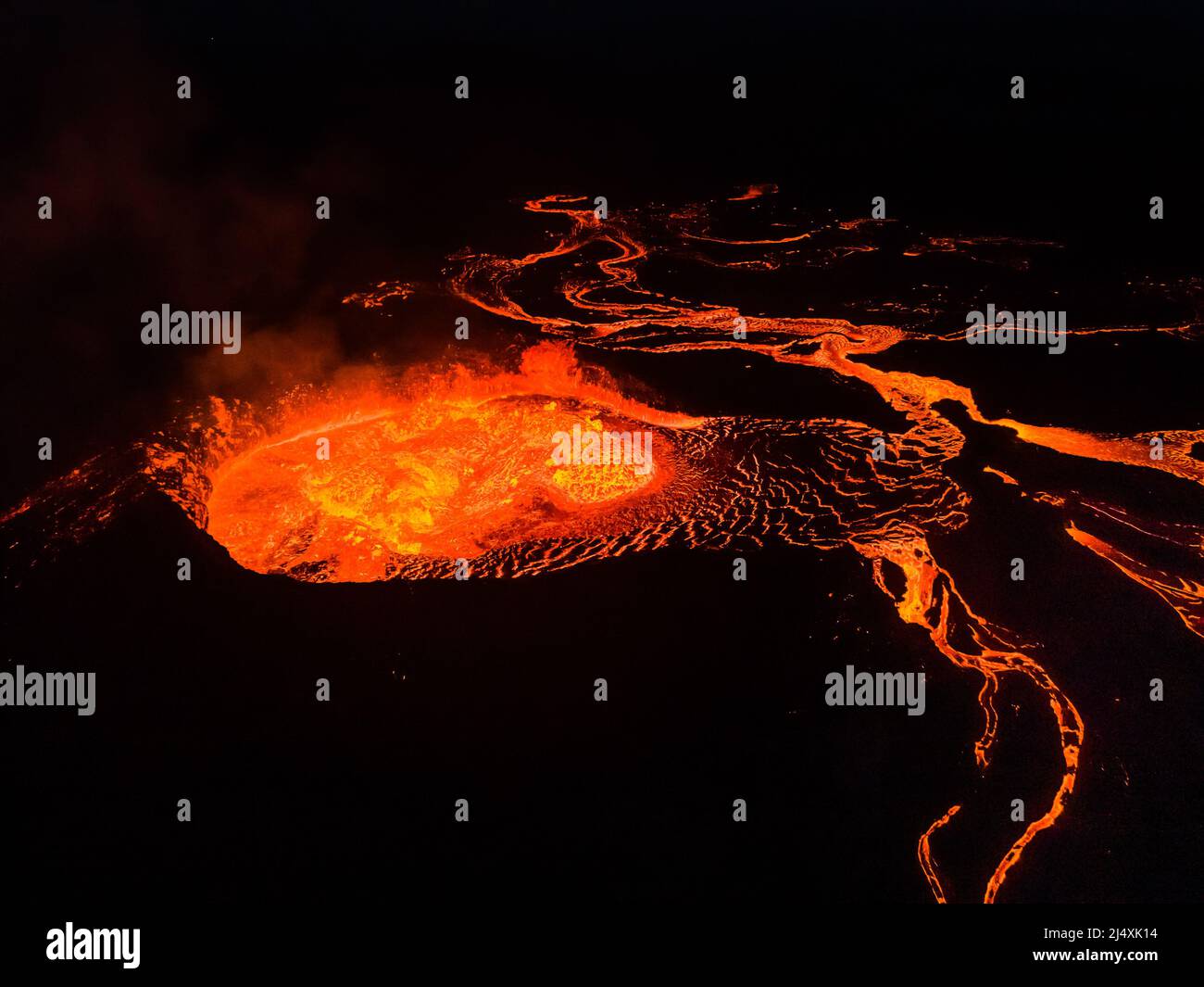 Impressive aerial view of the exploding red lava from the Active Volcano in Iceland Stock Photo
