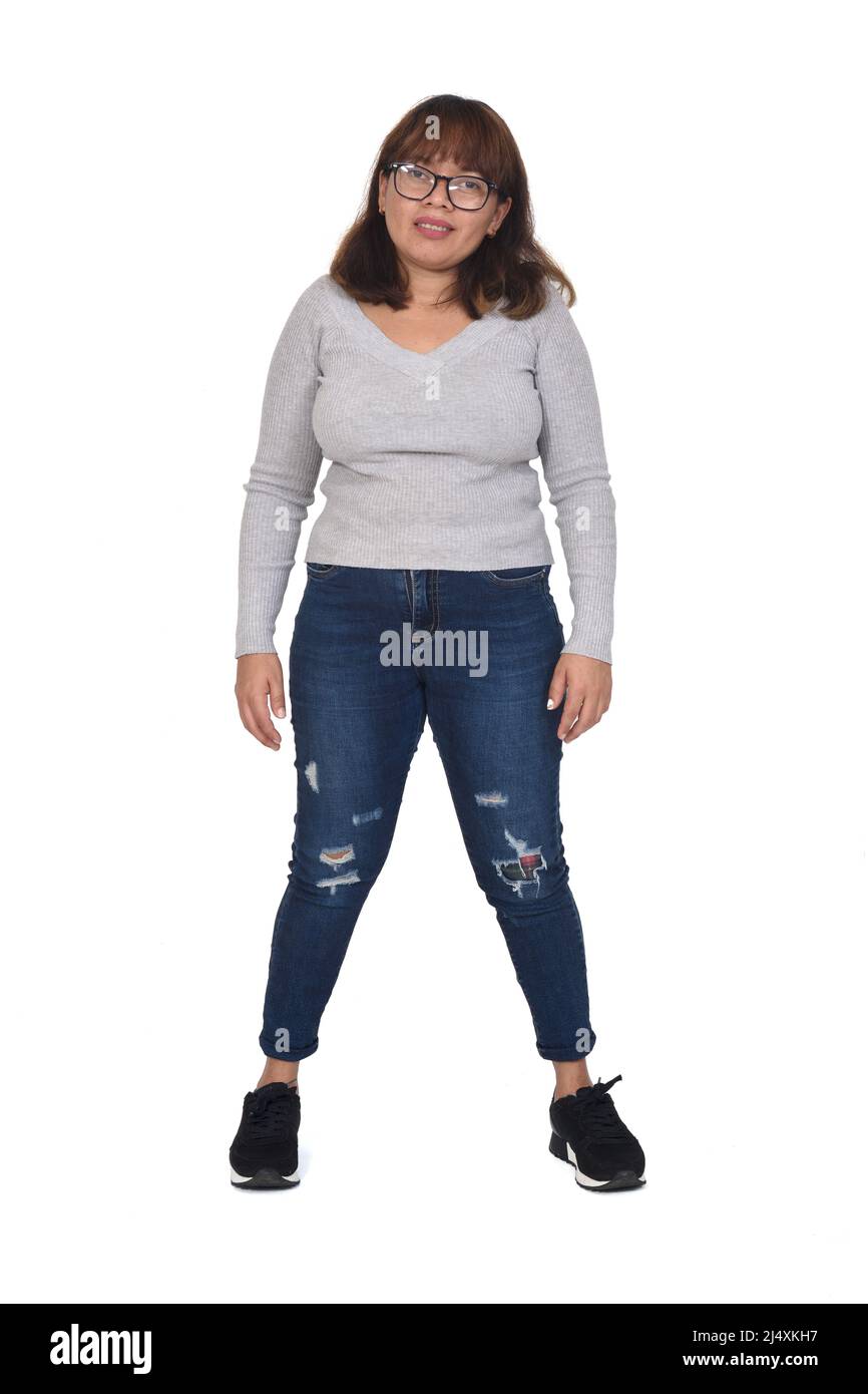 front view of a woman with legs apart on white background Stock Photo