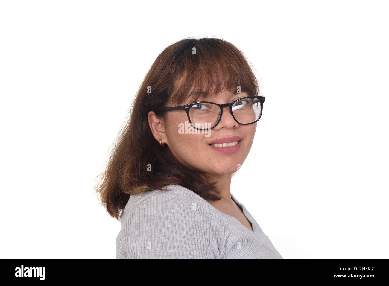 portrait of a woman on white background Stock Photo - Alamy