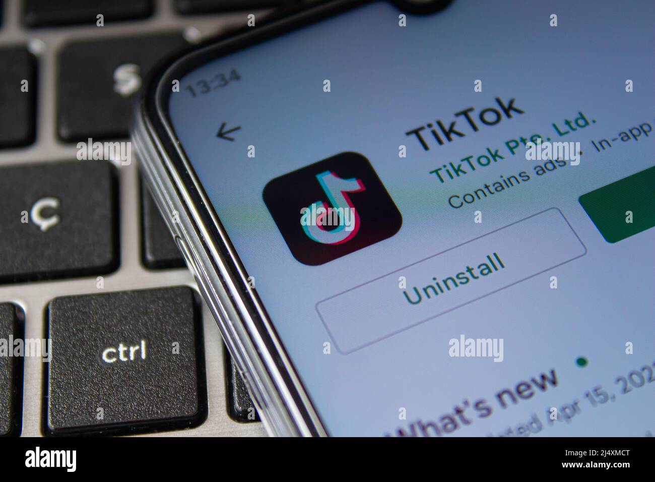 TikTok mobile app logo on Google Play Store screen. Popular social media application TikTok. Afyonkarahisar, Turkey - April 18, 2022. Stock Photo