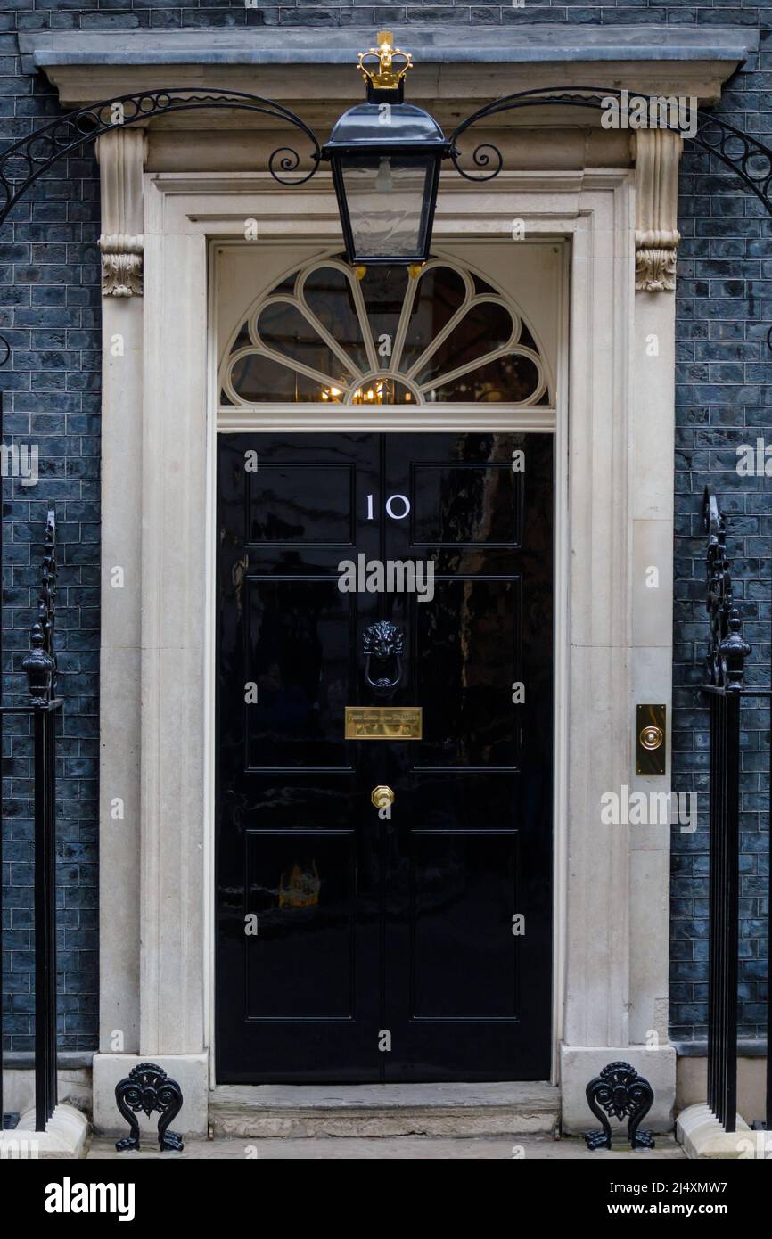 Famous black door at Number 10 Downing Street, residence of the British Prime Minister, Westminster, London, UK Stock Photo